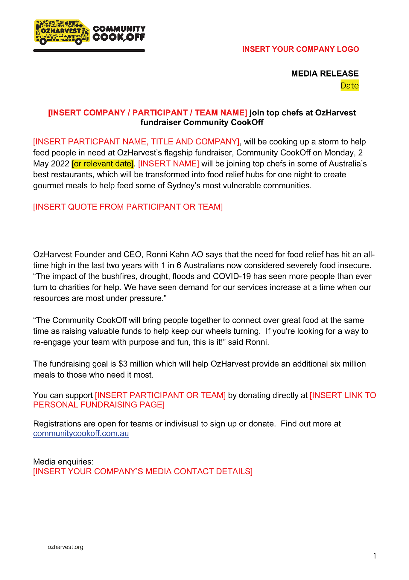 Community CookOff Media Release template