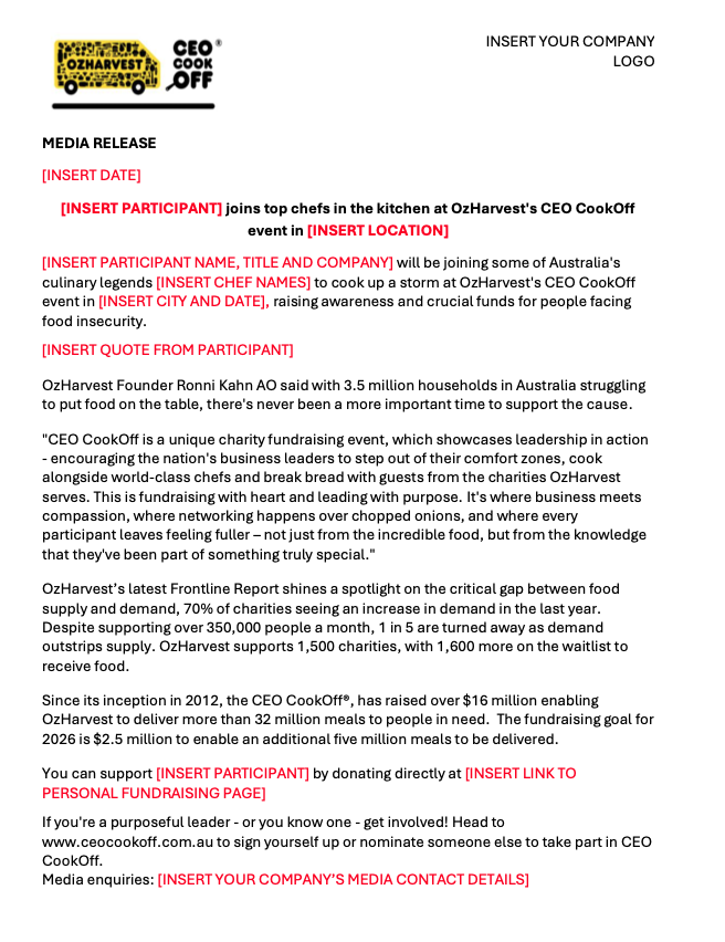 CEO CookOff 2026 Media Release Template
